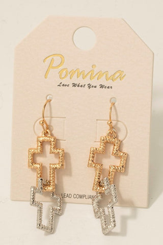 Silver & Gold Linked Cross Dangle Earrings