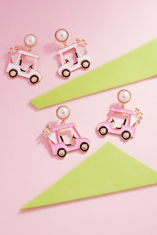Gold Golf Cart Themed Dangle Earrings