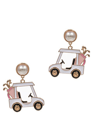 Gold Golf Cart Themed Dangle Earrings