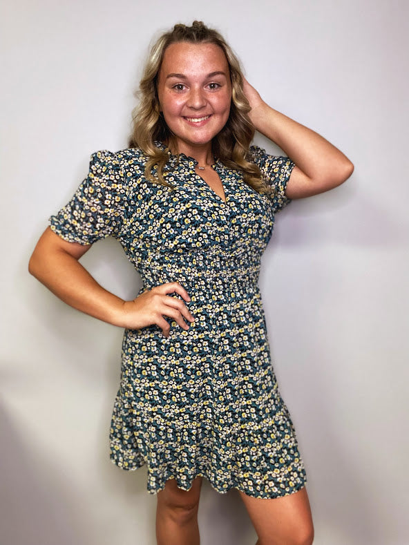 Black Floral Smocked Mini Dress