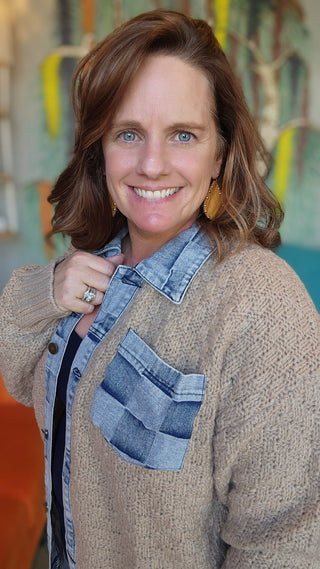 Washed Checker Denim Mix Sweater Top