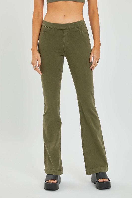 Cello Olive Mid Rise Flare Jeggings