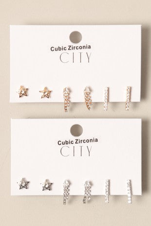 3-Pairs Star Cubic Zirconia Earrings Set