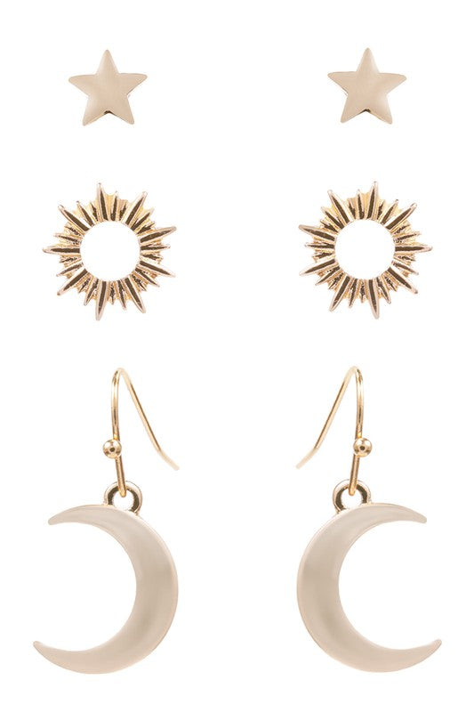 3 Pairs-Storm, Moon and Sun Earrings Set