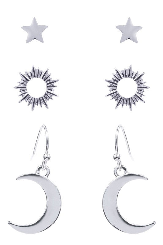 3 Pairs-Storm, Moon and Sun Earrings Set