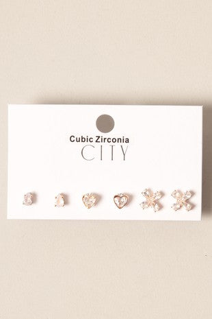 3Pairs- Multi Shape Cubic Zirconia Earrings Set