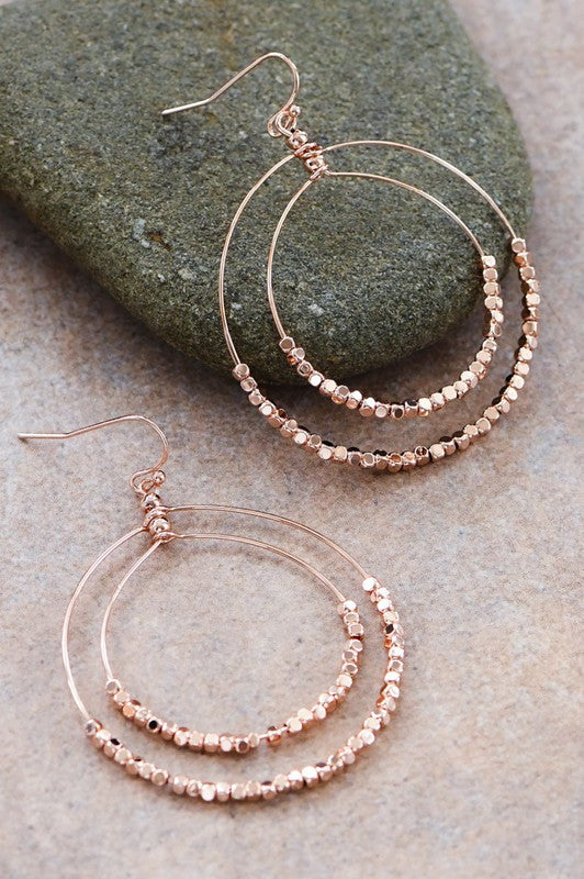 Rose Gold Beaded Double Circle Drop Earrings