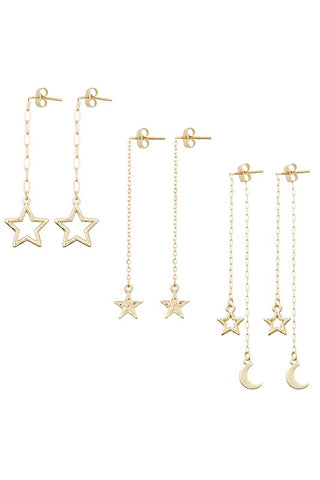 3Pairs- Multi Star Moon Long Drop Earrings Set