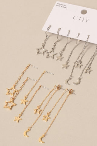 3Pairs- Multi Star Moon Long Drop Earrings Set