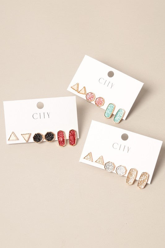 3Pairs- Glitter Faux Leather Post Earrings Set