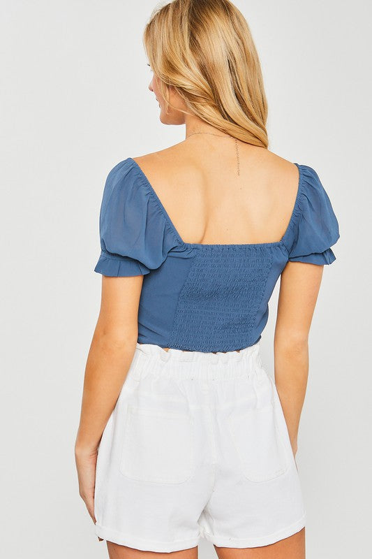 Woven Solid Short Sleeve Ruched Blouse