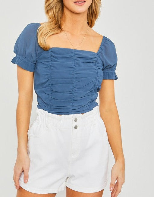 Woven Solid Short Sleeve Ruched Blouse