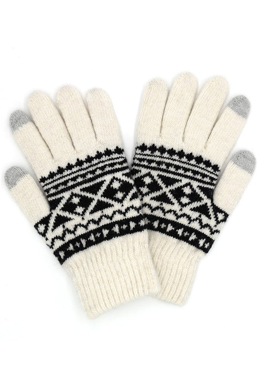 Ivory Knit Aztec Pattern Gloves