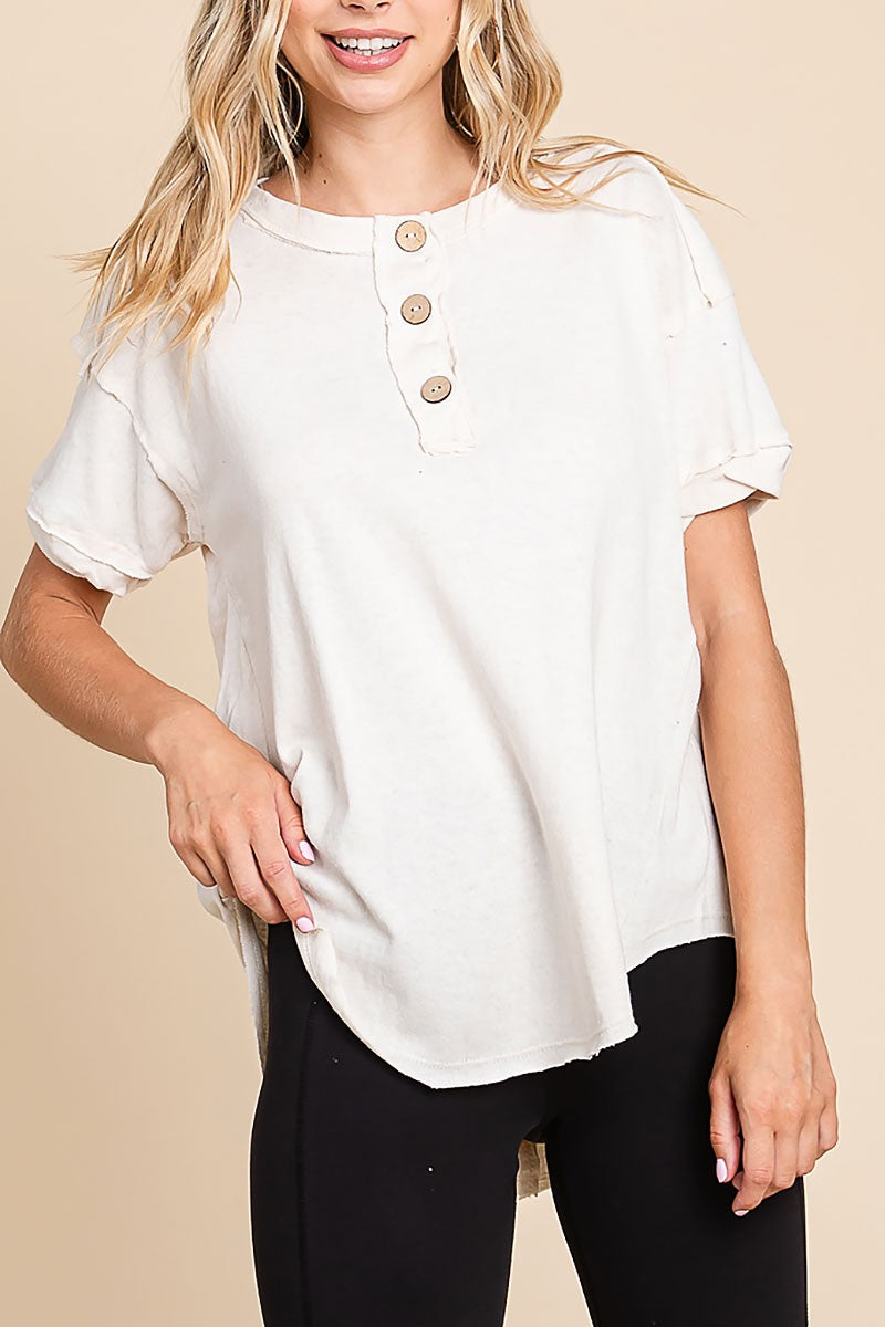 Button Up Knit Top with Out-Stitching Detail