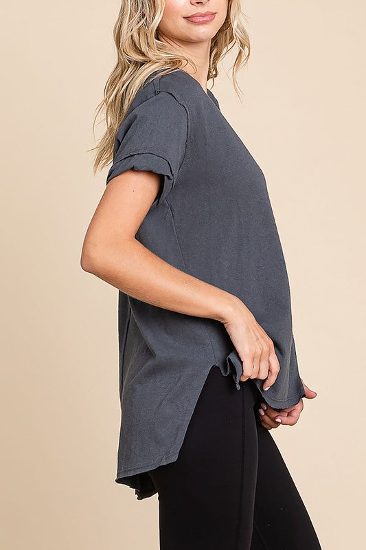V-Neck Side Slit Knit Top with Out-Stitching