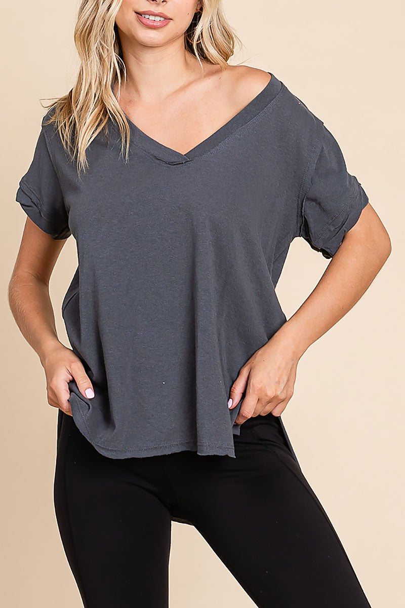 V-Neck Side Slit Knit Top with Out-Stitching