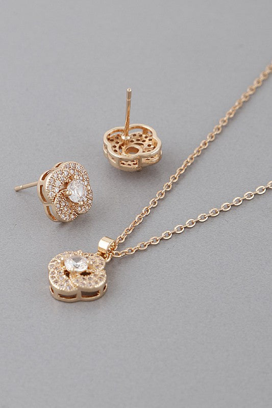 Jeweled Clover Necklace and Earrings Set
