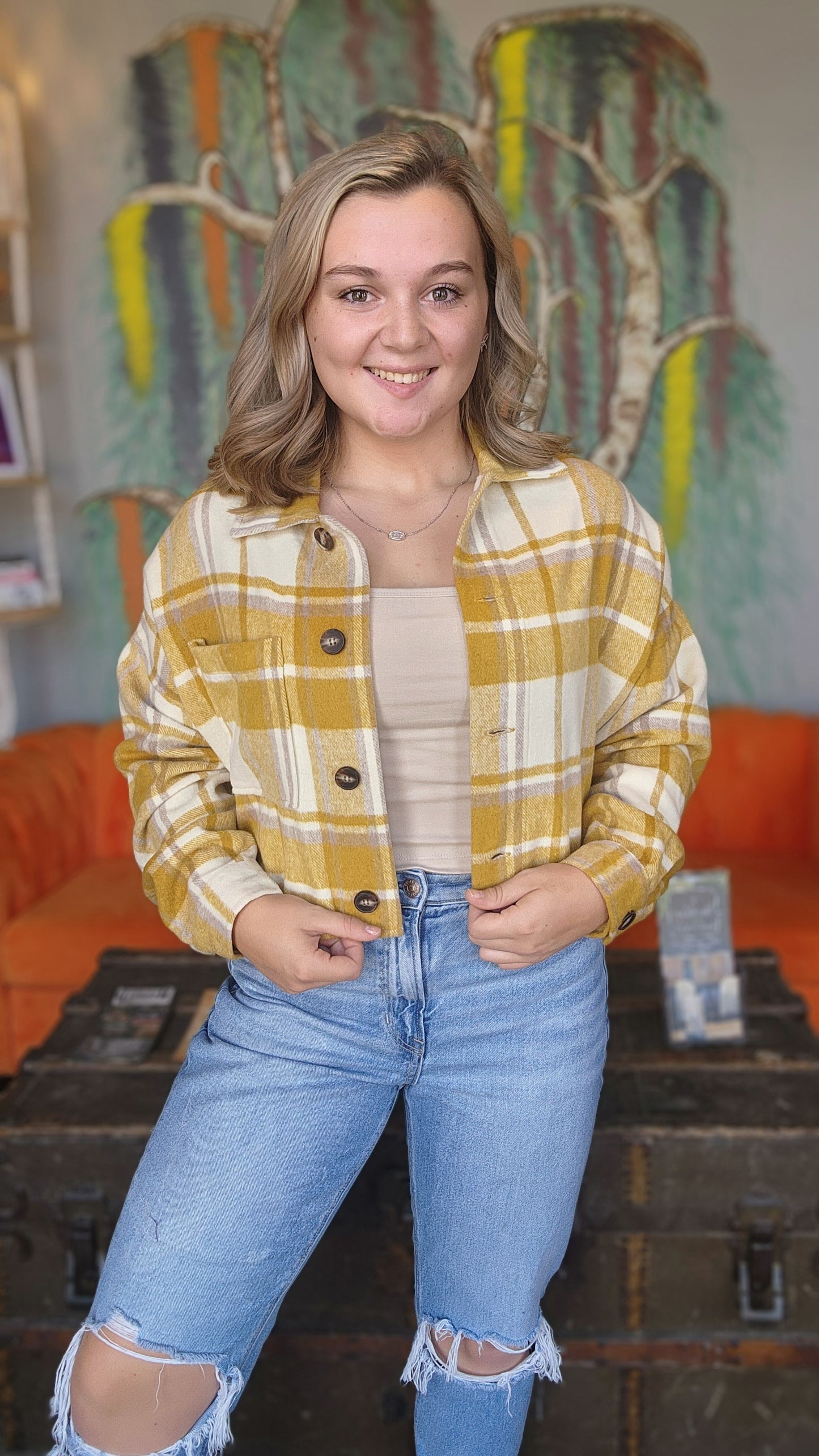 Mustard Plaid Crop Shacket