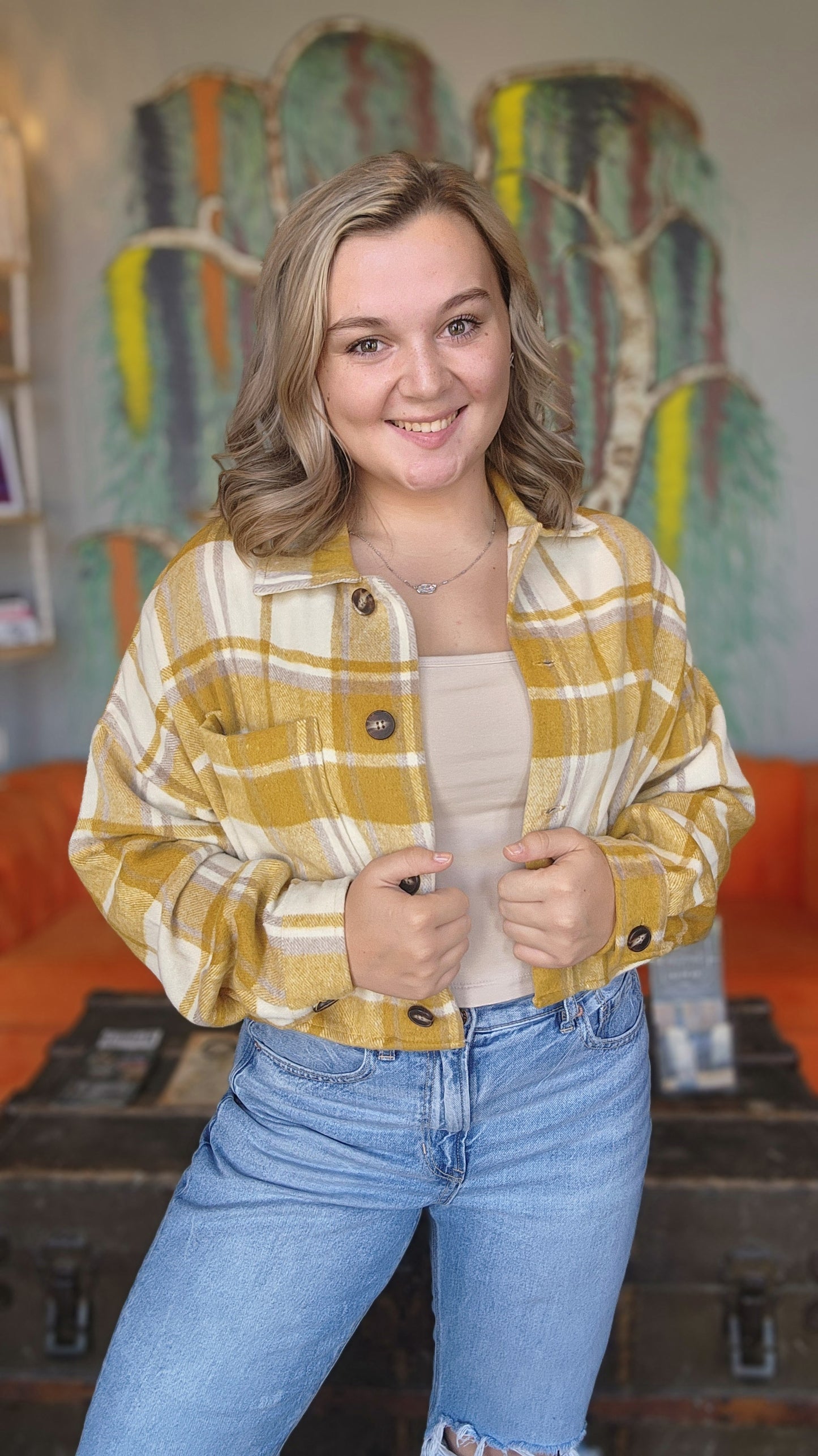 Mustard Plaid Crop Shacket