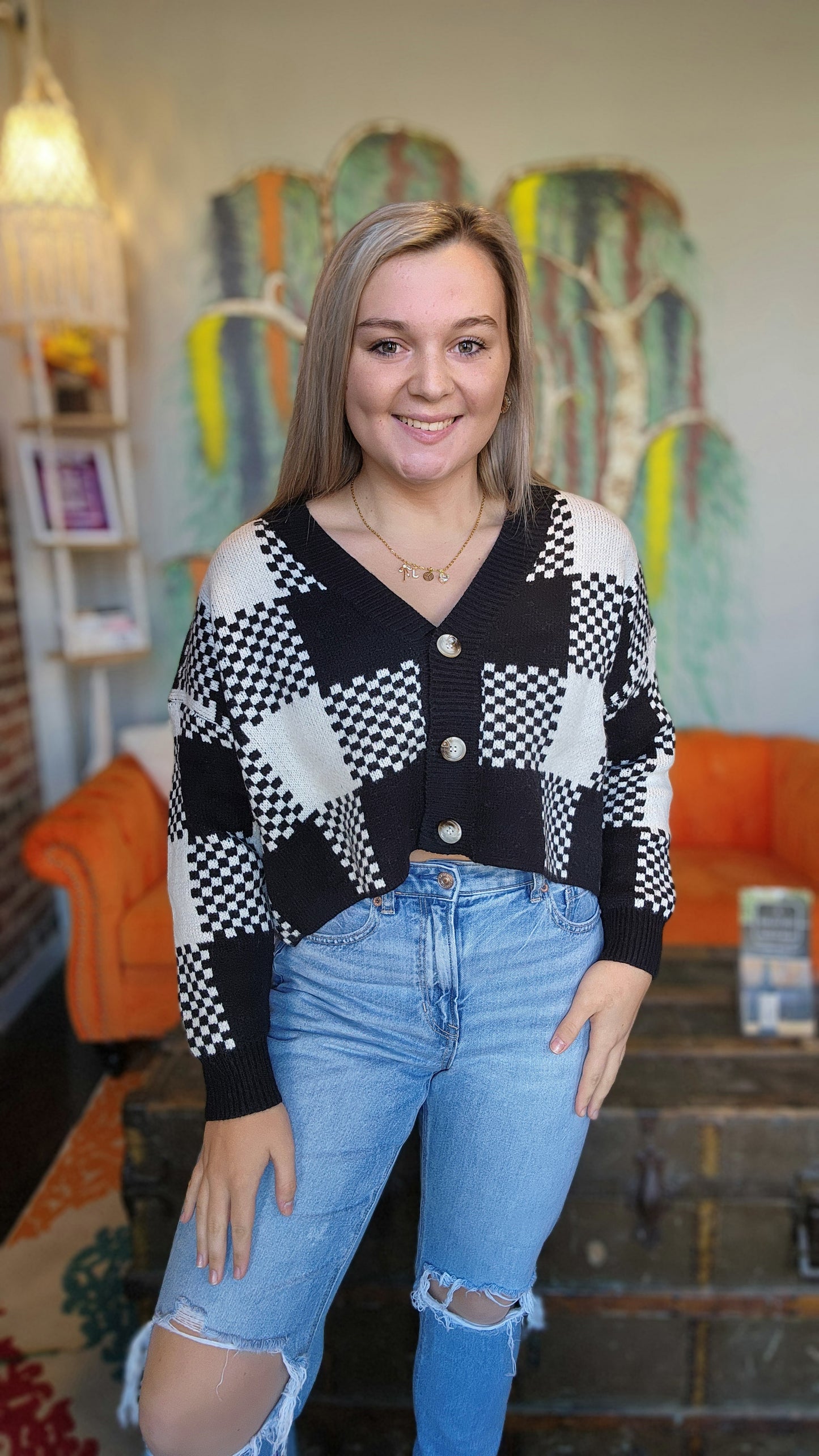 Checkered Cardigan Sweater