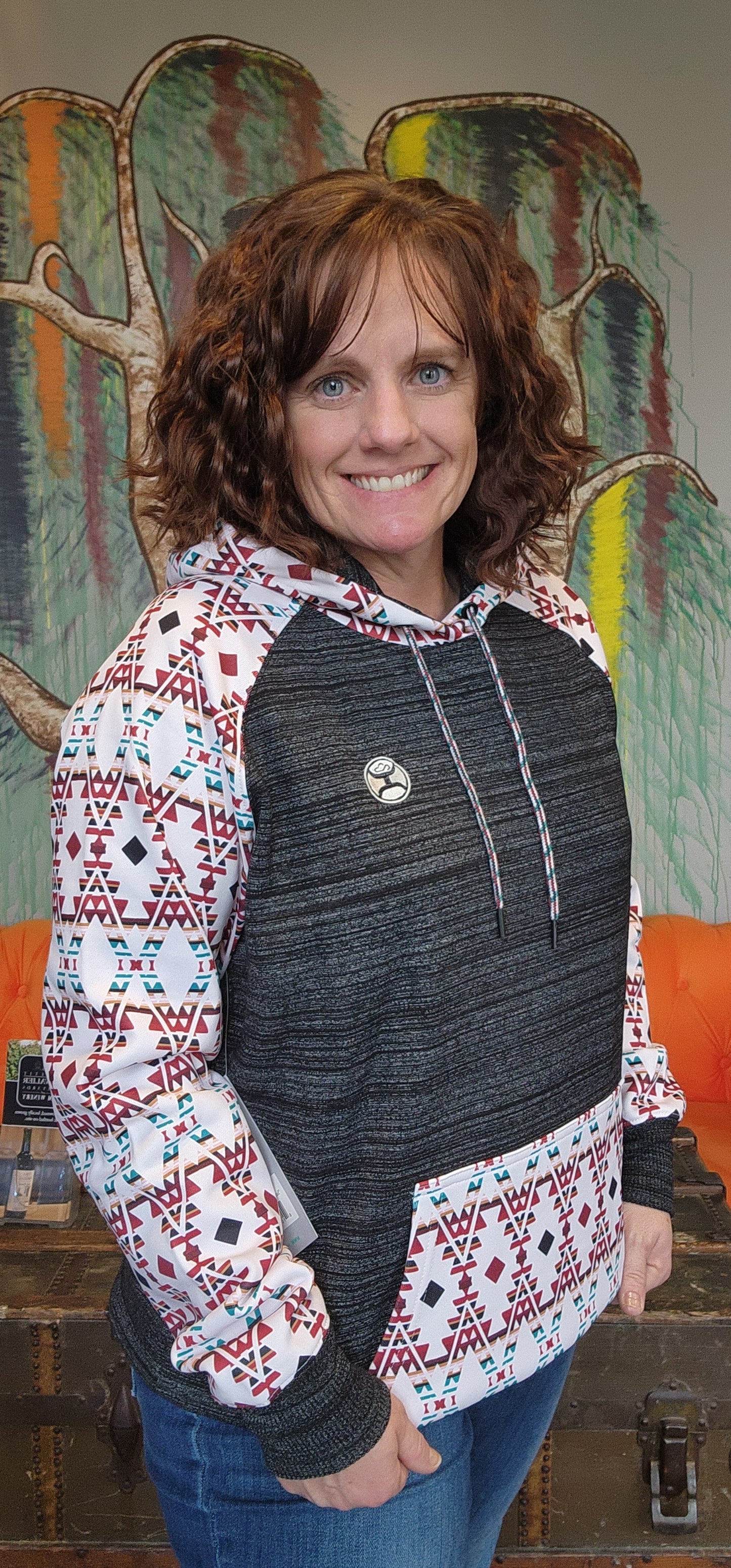 Womans Hooey, "Summit" Charcoal/Aztec Hoody