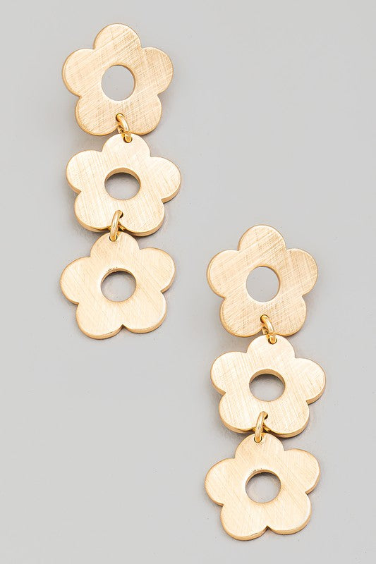 Brushed Metallic Flower Chain Dangle Earrings