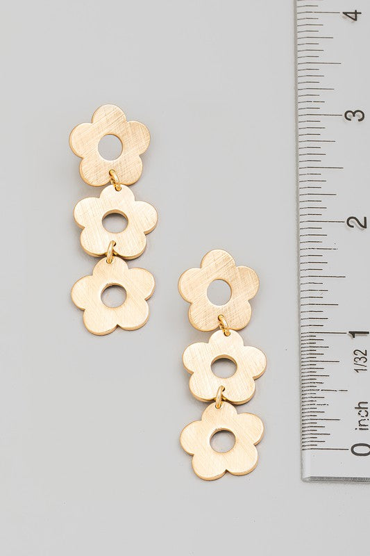 Brushed Metallic Flower Chain Dangle Earrings