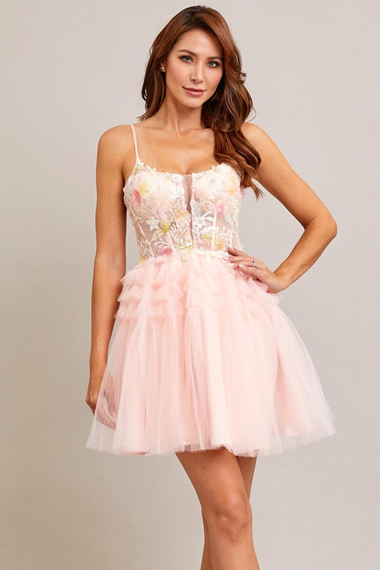 Skinny Straps Ruffled Tulle Skirt Cocktail Dress