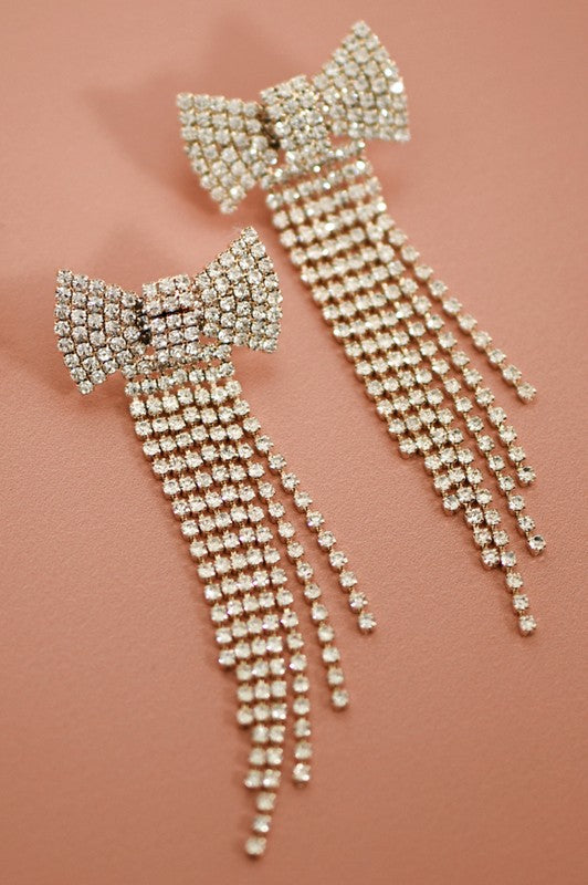 Pave Rhinestone Bow with Fringe Drop Earrings