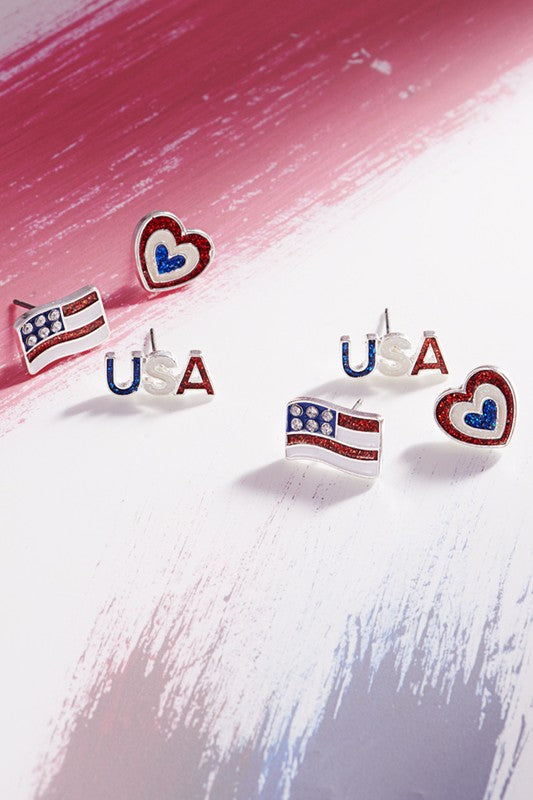 USA Flag Heart Enamel Post Earrings Set