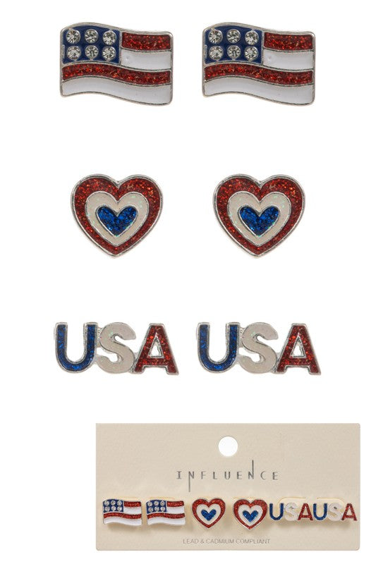 USA Flag Heart Enamel Post Earrings Set