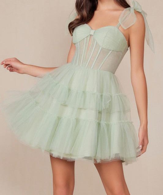 Tulle Ruffle Tie Shoulder Formal