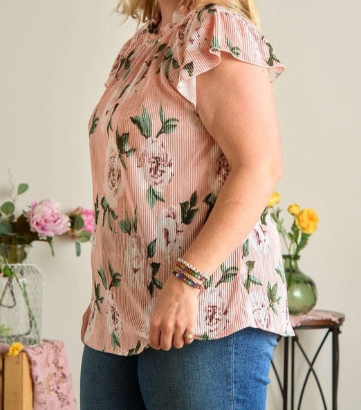 Plus Ruffle Pleated Floral Top