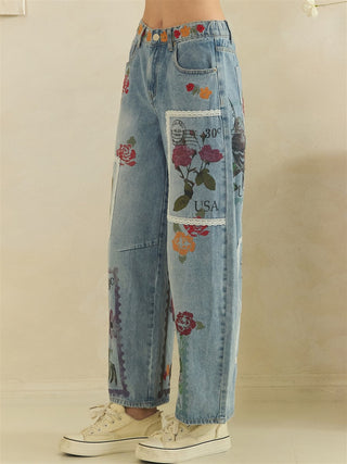 Postage Print Barrel Jeans