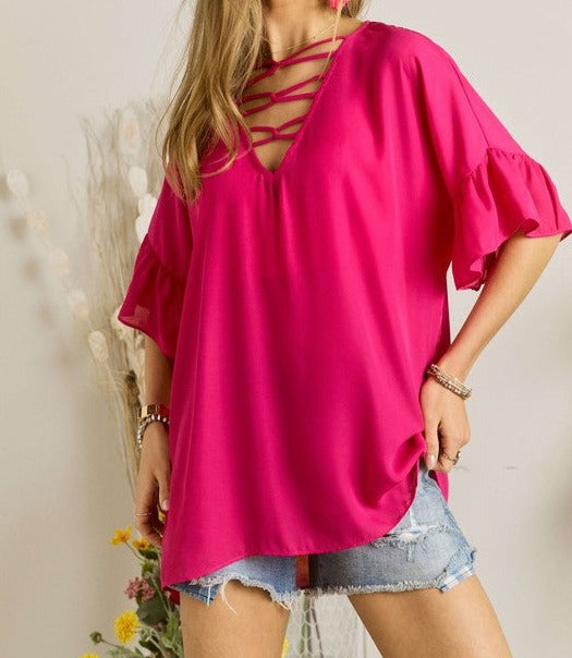 Lace Up Front Short Sleeve Top