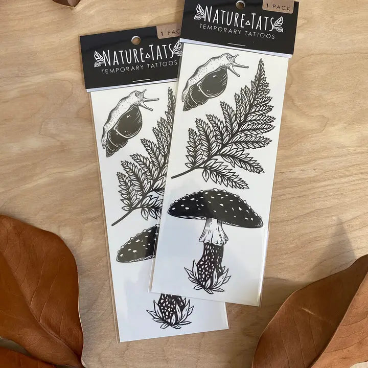 Nature Tats Amanita Mushroom, Fern, Snail Temporary Tattoo