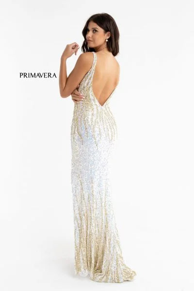 Primavera Couture, Ivory Deep V-Neck Formal