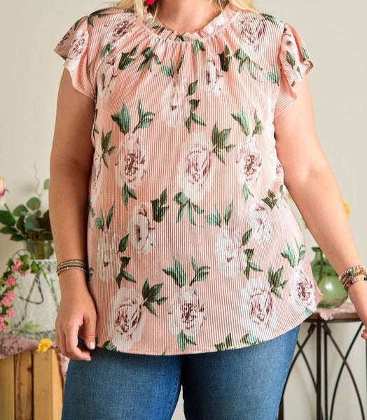 Plus Ruffle Pleated Floral Top