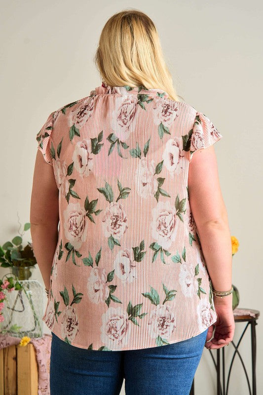 Plus Ruffle Pleated Floral Top