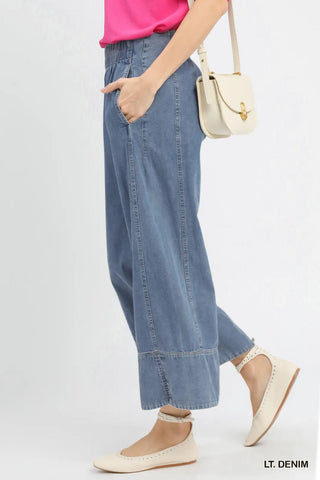 Stone Wash Denim Wide Leg Pants