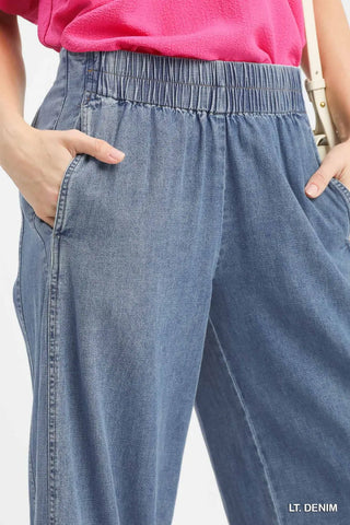 Stone Wash Denim Wide Leg Pants