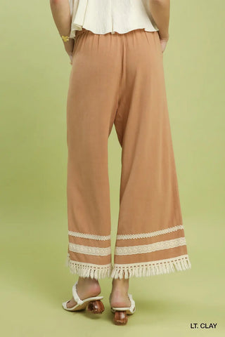 Lace Trim Fringe Hem Wide Leg Pants