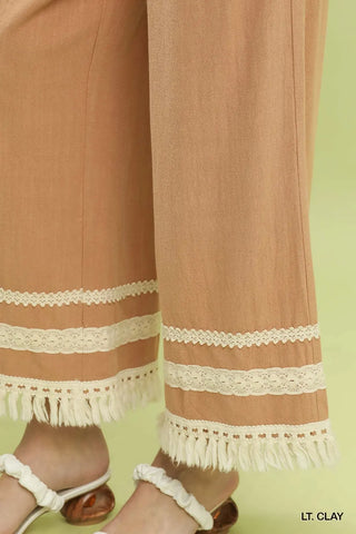 Lace Trim Fringe Hem Wide Leg Pants