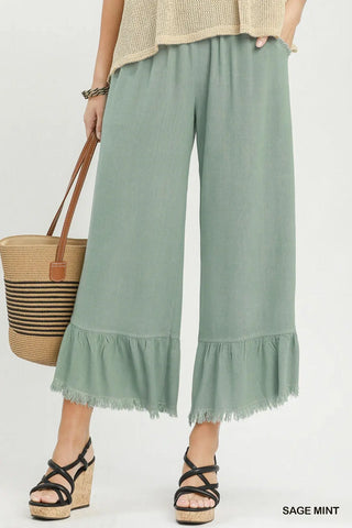 Linen Frayed Hem Ruffle Wide Leg Pants