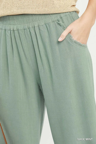 Linen Frayed Hem Ruffle Wide Leg Pants