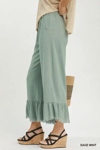 Linen Frayed Hem Ruffle Wide Leg Pants