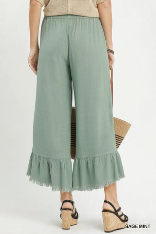 Linen Frayed Hem Ruffle Wide Leg Pants