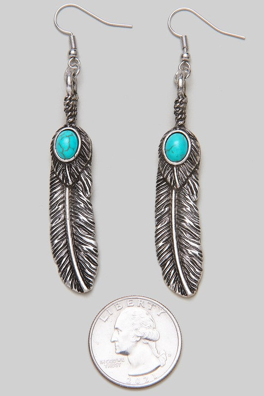 Turquoise Stone Feather Earrings