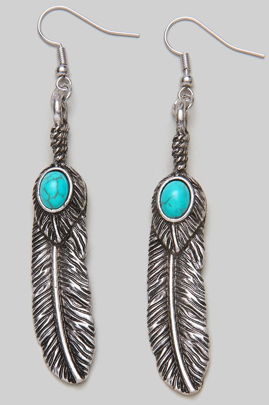 Turquoise Stone Feather Earrings