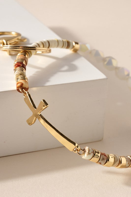 Natural Cross Glass Beads Key Chain